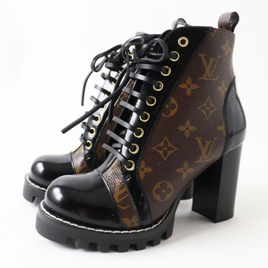 LOUIS VUITTON boots Patent leather x monogram canvas Black x Brown (Monogram Pattern) Women 37 Used Authentic